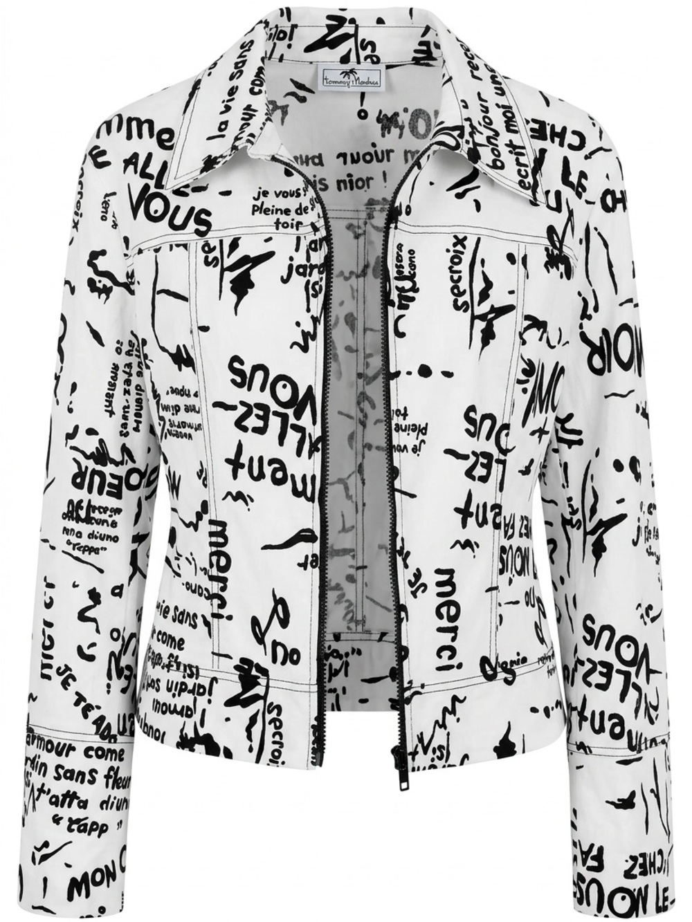 White Graphic Zip-Front Jean Jacket